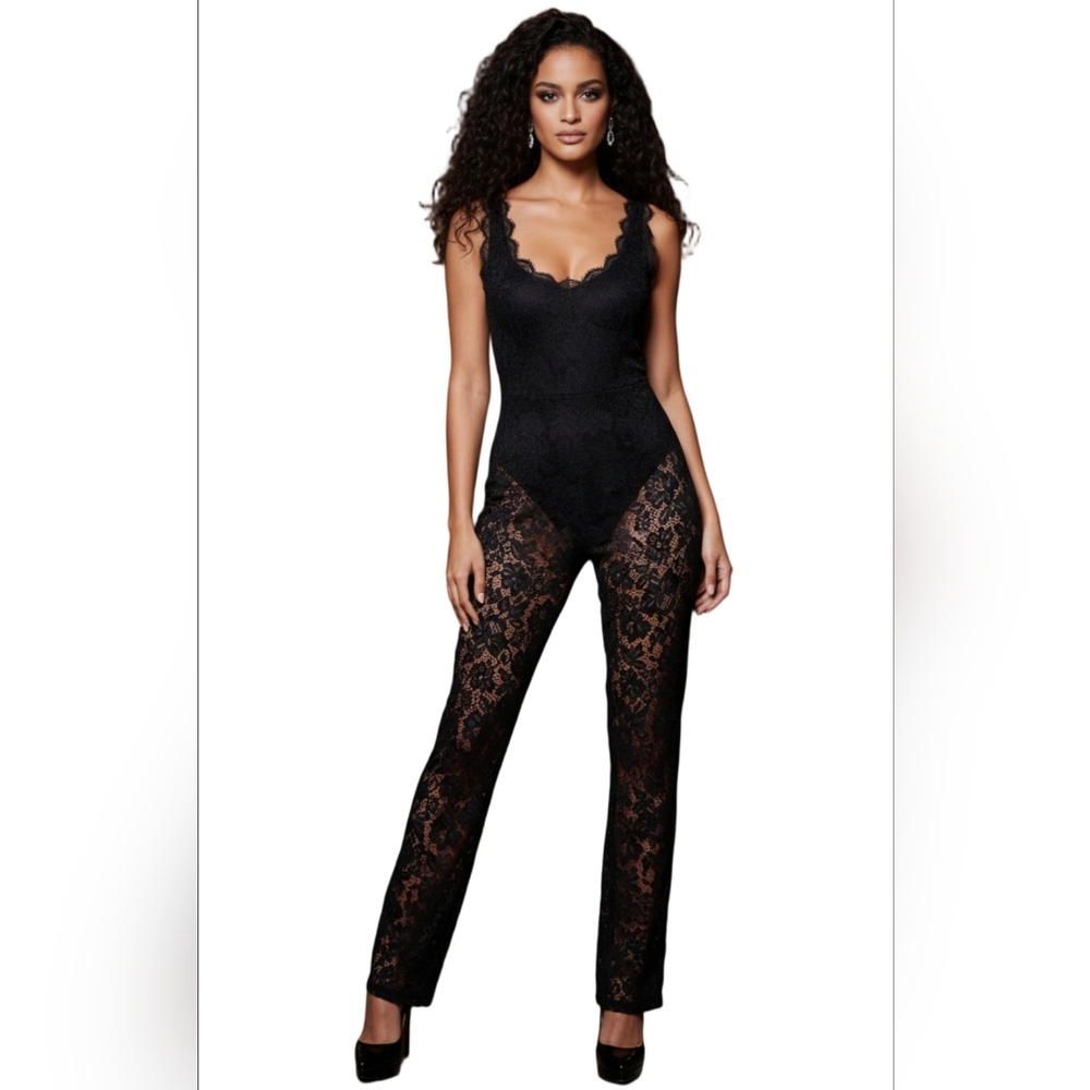 Black Lace Boning Detail Strappy Flared Jumpsuit Size 6